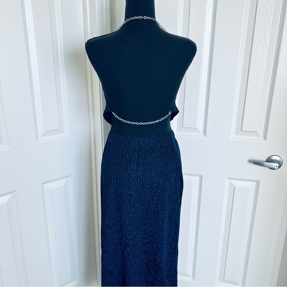 💙 New! 2 Pc Sexy Silver Chain Halter Cowl Neck Blue Sparkle Top & Skirt Size L